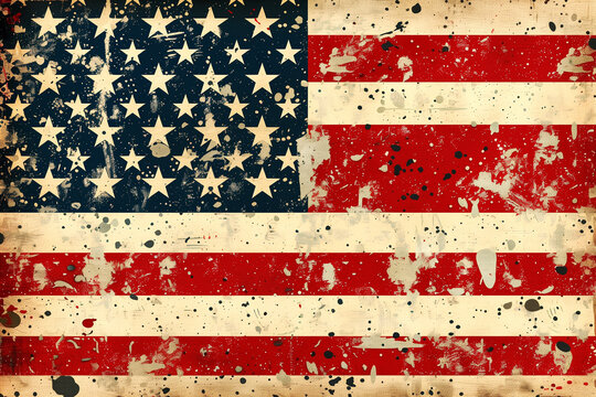 A faded American flag with stars and stripes in vintage style