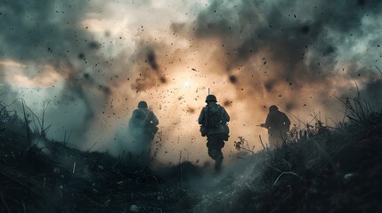 Group of soldiers fighting among trenches and bombs. Concept: war, peace, armed conflict.