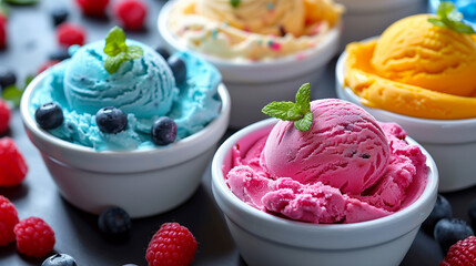 Bowls with colourful ice cream with mint, blueberry and raspberry - obrazy, fototapety, plakaty