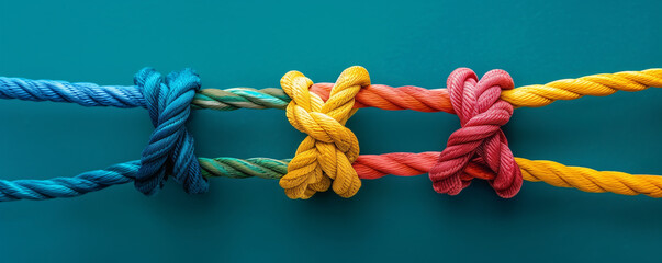 Three colorful knotted ropes against a teal background.