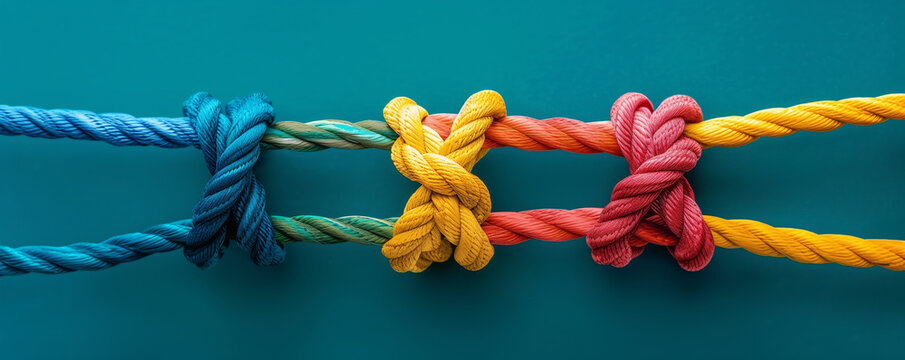 Three colorful knotted ropes against a teal background.
