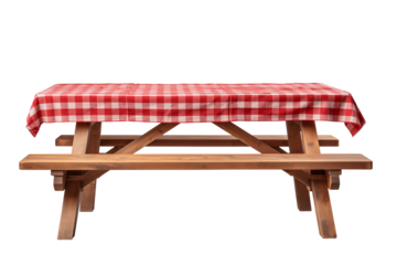 Picnic Table with Red Checkered Tablecloth on Transparent Background