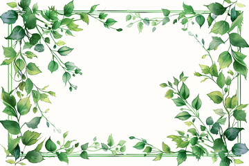 Obraz premium Green leaves and branches frame with watercolor splashes on a white background. Botanical border design of invitation, greeting card, and poster with place for text.