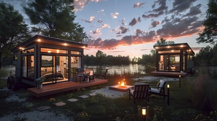 two contemporary tiny homes, overlooking a tranquil lake bathed in the warm hues of sunset, adorned with a fire pit and twinkling camping lights suspended between them.