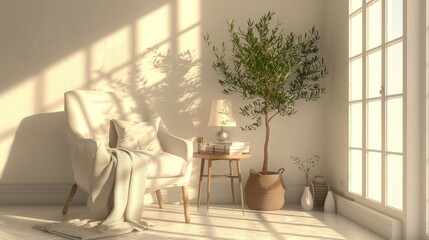 Soothing sunlight filters through a window, casting shadows over a cozy nook with a comfy chair, potted olive tree, and elegant decor.