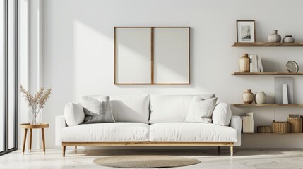 Modern minimalist living room interior photo with a cozy white sofa, wooden shelving with decorative ceramics, two blank frames on the wall for art or photography, and soft natural lighting