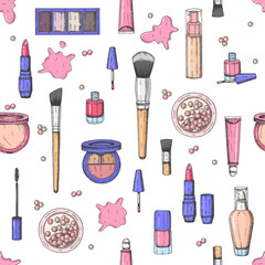 Hand drawn make up seamless pattern.Engraving cosmetics. Vector makeup background- tonal fluid, lipstick, lip gloss, powder, powder pearls, foundation, mascara, makeup brush, eye shadow, nail polish