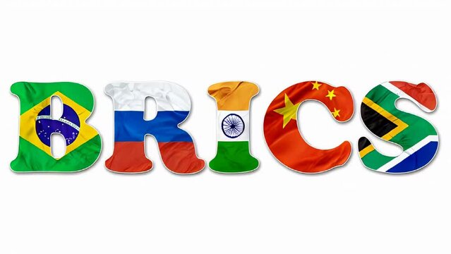 Acronym BRICS association of Brazil, Russia, India, China and South Africa. Flags isolated on white background. Major Emerging markets or new economies meeting in summit to influence new world order