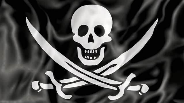 3D Pirate Flag of Calico Jack Rackham, white skull and swords crossing on black fabric background