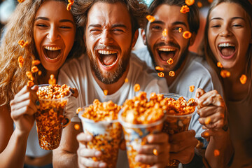 A group of friends are excitedly holding popcorn as they watch something with joy and anticipation. The scene captures their lively interactions and shared experience of entertainment - obrazy, fototapety, plakaty