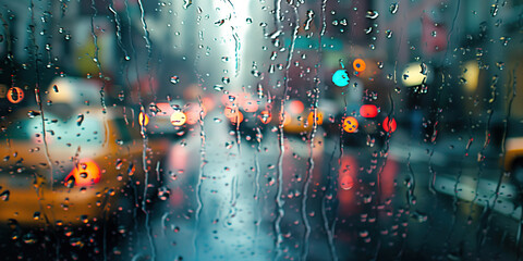 Rain drops on a window looking out to New York city with bright colourful bokeh lights and trails emitting from cars and taxis