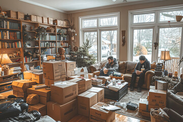 A living room filled with boxes as the MKU family is in the unpacking process. Boxes are strewn around, indicating a move or reorganization. The room appears cluttered and bustling with activity - obrazy, fototapety, plakaty