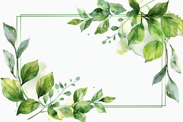 Green leaves and branches frame with watercolor splashes on a white background. Botanical border design of invitation, greeting card, and poster with place for text. - obrazy, fototapety, plakaty