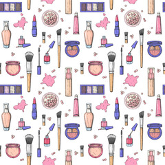 Hand drawn make up seamless pattern.Engraving cosmetics. Vector makeup background- tonal fluid, lipstick, lip gloss, powder, powder pearls, foundation, mascara, makeup brush, eye shadow, nail polish