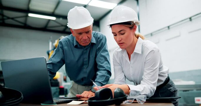 Laptop, stress and manager with construction worker plan architecture for maintenance. Conversation, computer and frustrated foreman work with female engineer on site office for repairs or building.