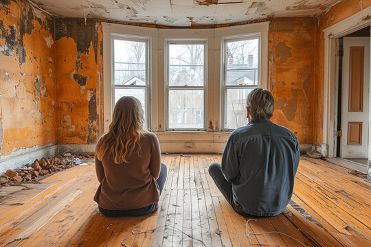 A man and a woman are seated on the floor in an old, weathered room. The worn walls and dusty atmosphere suggest a sense of abandonment