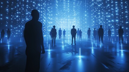 Group of People Standing in Front of Blue Light