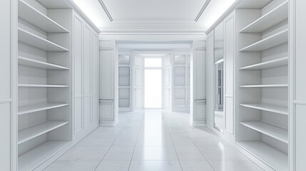 Obraz premium newly installed empty wardrobes for clothes in white tones, showcasing their clean lines and spacious interiors awaiting organization.