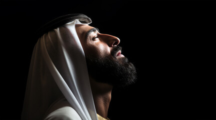 Arabic man in a traditional clothes looking up to the sky with closed eyes. Bearded man praying and thinking.