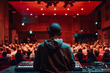 Back view of a sound technician operating the sound mixer during a performance in a concert hall.