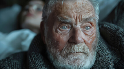 A grandfather crying, facing a woman lying on her side,generative ai