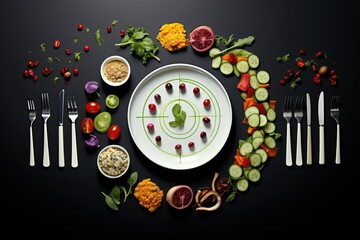Various types of food arranged neatly on a white plate, showcasing a diverse culinary selection. food routine. Generative AI