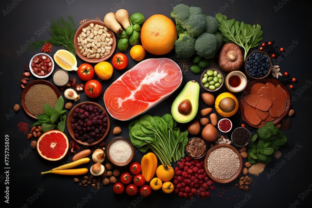 Poster different foods arranged in a circle shape. generative ai