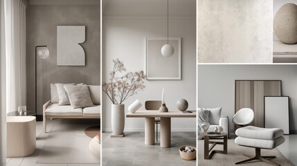 Scandinavian decor as a moodboard reflects the hallmark features of Nordic style, blending natural materials, cozy textures, and muted hues to create a serene and inviting ambiance.