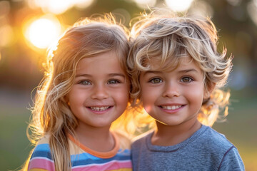 Children happily hug, radiating cheerful joy in the warm embrace of friendship