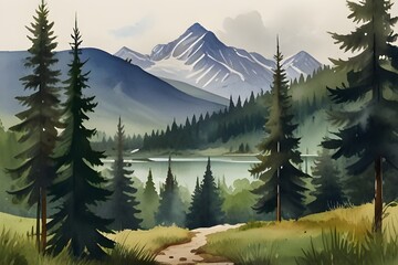Watercolor landscape of forest and mountains. Wild nature background. Generative AI
