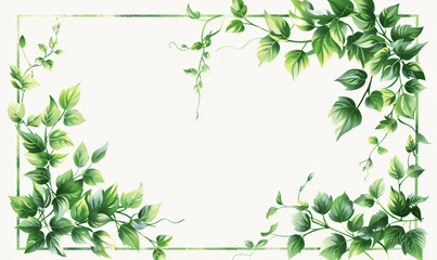 Green leaves and branches frame with watercolor splashes on a white background. Botanical border design of invitation, greeting card, and poster with place for text. - obrazy, fototapety, plakaty