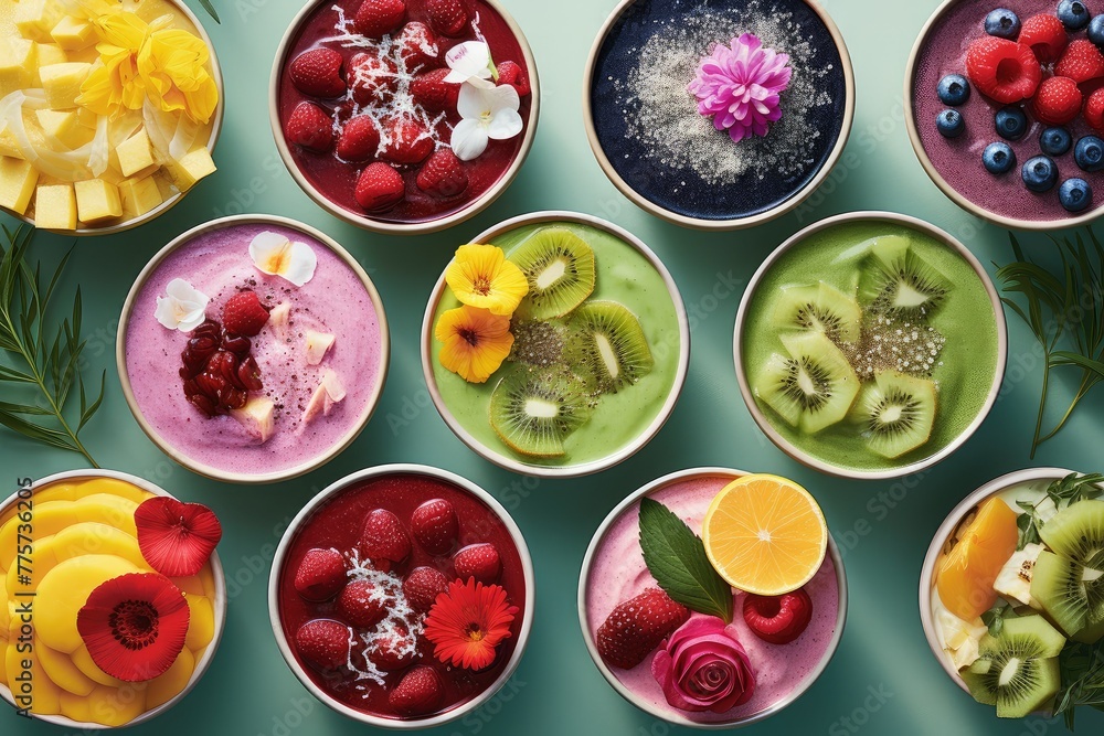 Poster a table showcasing an assortment of fresh fruit and vegetables in bowls, creating a colorful and hea