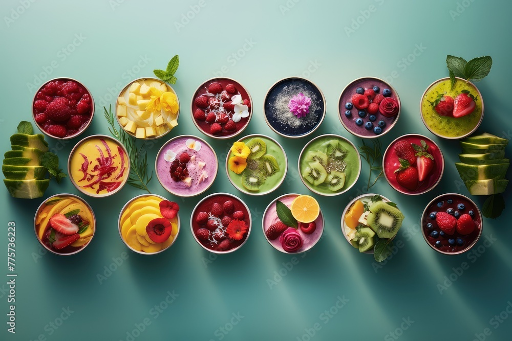 Poster various bowls filled with different types of fruit, ready to be used for making effortless smoothies