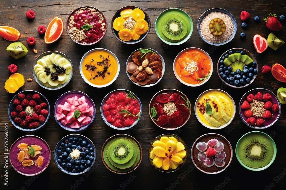 Aufkleber a collection of different types of fresh fruit displayed in bowls on a table. generative ai
