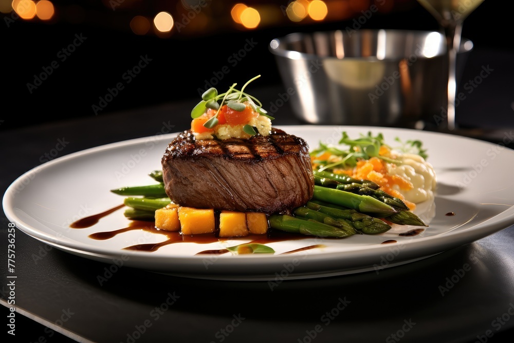 Poster a white plate is presented with a selection of meat and vegetables neatly arranged on top, creating 