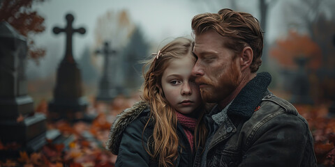 grieving man with his 10 years old daughter, cemetery,generative ai