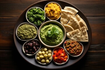 A plate filled with a variety of Middle Eastern dishes, showcasing flavors from the region such as falafel, hummus, tabbouleh, and kebabs. Generative AI