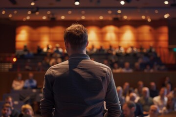 Back view of a male speaker addressing a diverse audience in a well-lit seminar hall, conveying leadership and expertise. - obrazy, fototapety, plakaty
