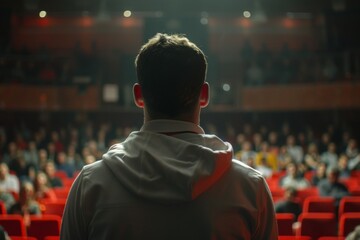 Back view of a male speaker engaging with a diverse audience in a well-lit conference hall or auditorium.