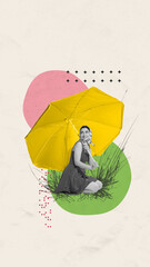 Contemporary art collage. Abstract artwork. Girl in light dress and sits on green grass and holds large yellow umbrella hiding from sun's rays. Concept of summer holidays, inspiration, travel, resort.