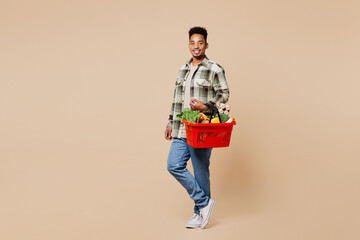 Full body side view young smiling happy cheerful man wears grey shirt hold red basket bag with food...