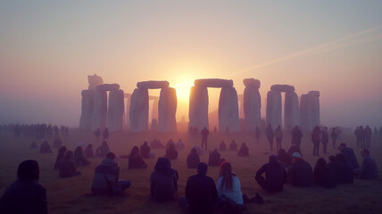 sunrise at Stonehenge with silhouettes of people gathering in mist. - obrazy, fototapety, plakaty