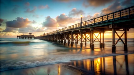 Romantic Pier at Sunset: Beachside Tranquility Stock Photography