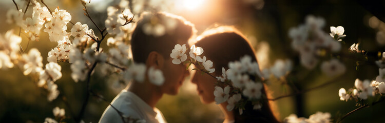 Young couple of man and woman standing close together under blooming cherry trees. Sunset, white blossoms around in the sunlight.