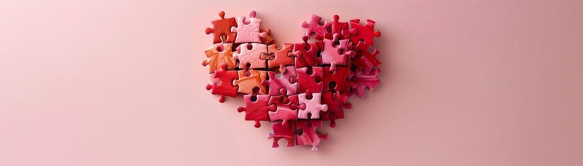 A heart shape formed from red and pink puzzle pieces - obrazy, fototapety, plakaty
