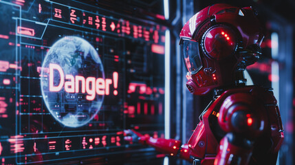 A robot with red eyes stands in front of a sign that says Danger - obrazy, fototapety, plakaty