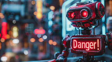 A robot with red eyes stands in front of a sign that says Danger - obrazy, fototapety, plakaty