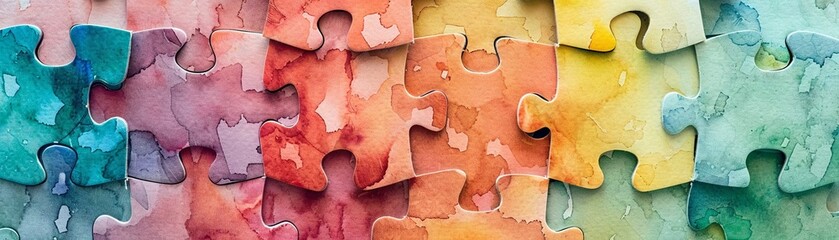 A series of puzzle pieces in watercolor shades loosely arranged - obrazy, fototapety, plakaty