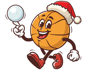 Basketball wearing Christmas hats and playing snowballs cartoon mascot illustration character vector clip art hand drawn