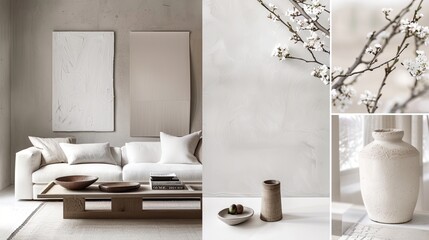 Scandinavian decor as a moodboard reflects the hallmark features of Nordic style, blending natural materials, cozy textures, and muted hues to create a serene and inviting ambiance.